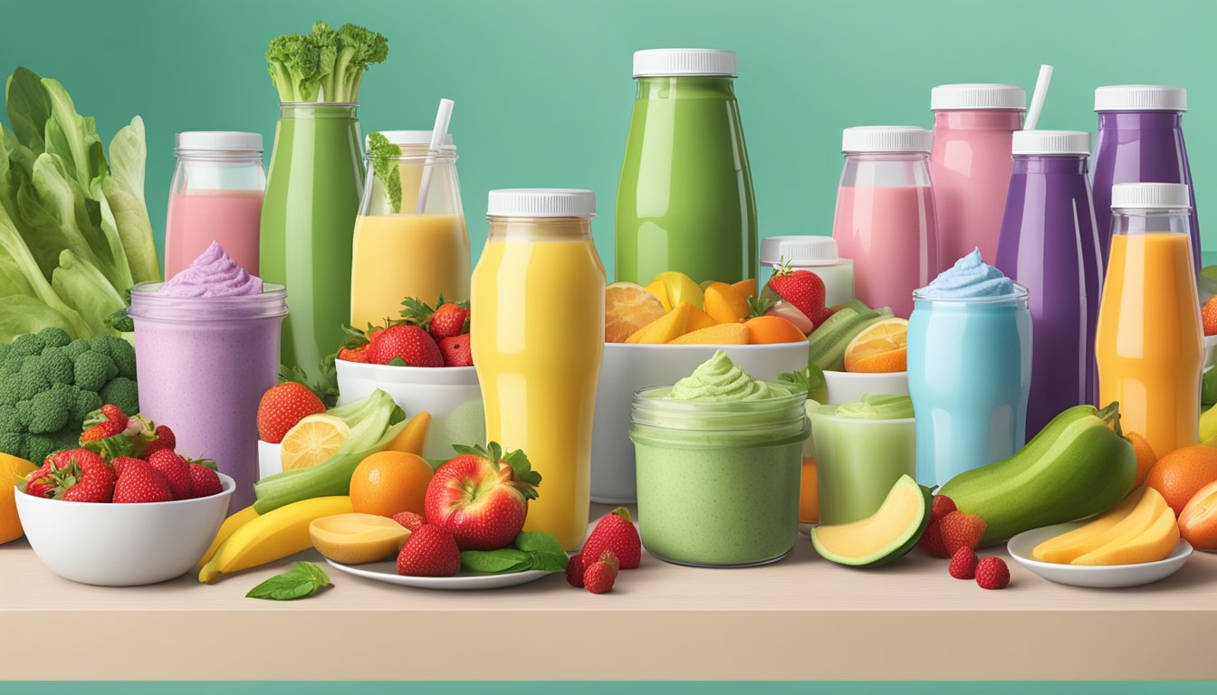 A table filled with discarded SlimFast meal replacement shakes, surrounded by various fresh fruits and vegetables