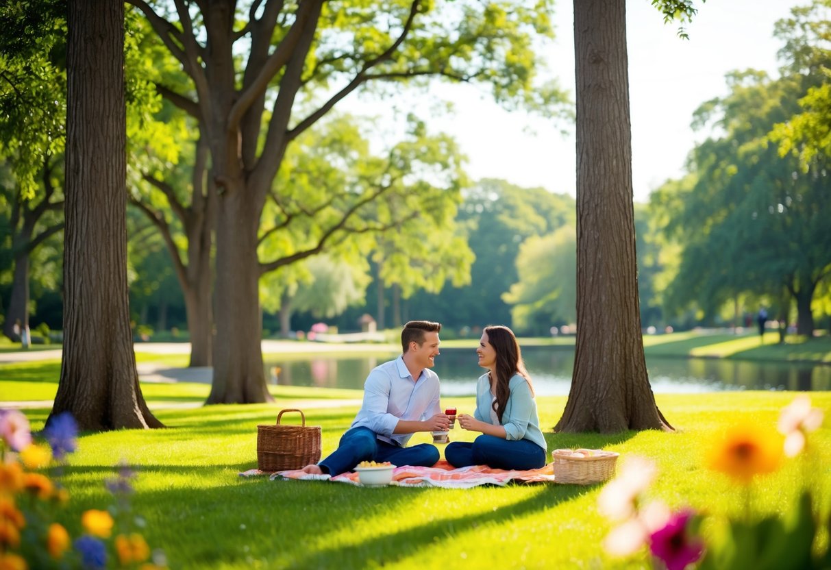A couple picnicking in a lush Edmond park, surrounded by tall trees and colorful flowers, with a serene pond in the background