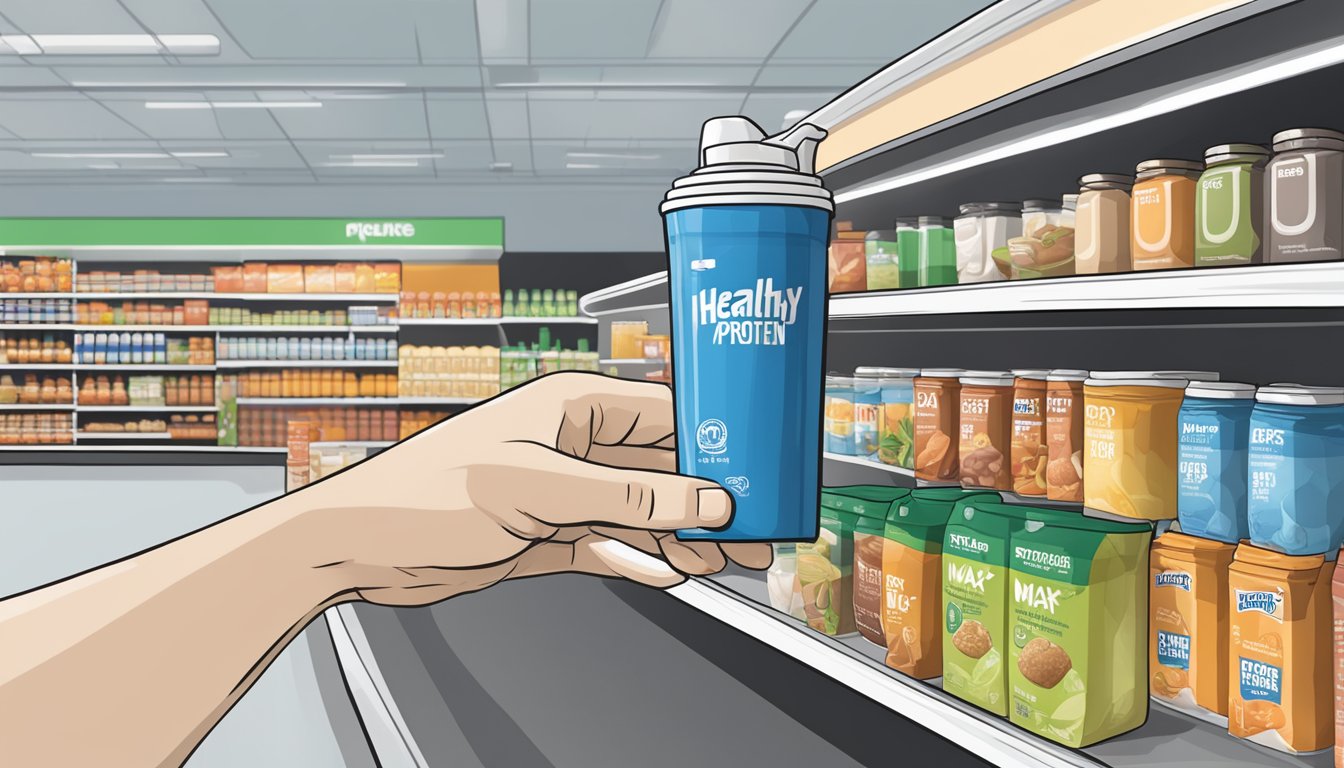 A person reaching for a Max Protein 12 "Healthy" Meal Replacement Shake on a shelf in a grocery store