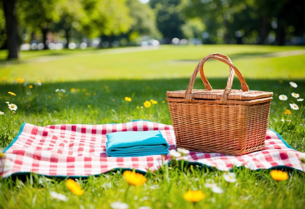 A sunny picnic scene at Mitch Park with a checkered blanket, wicker basket, and scattered wildflowers