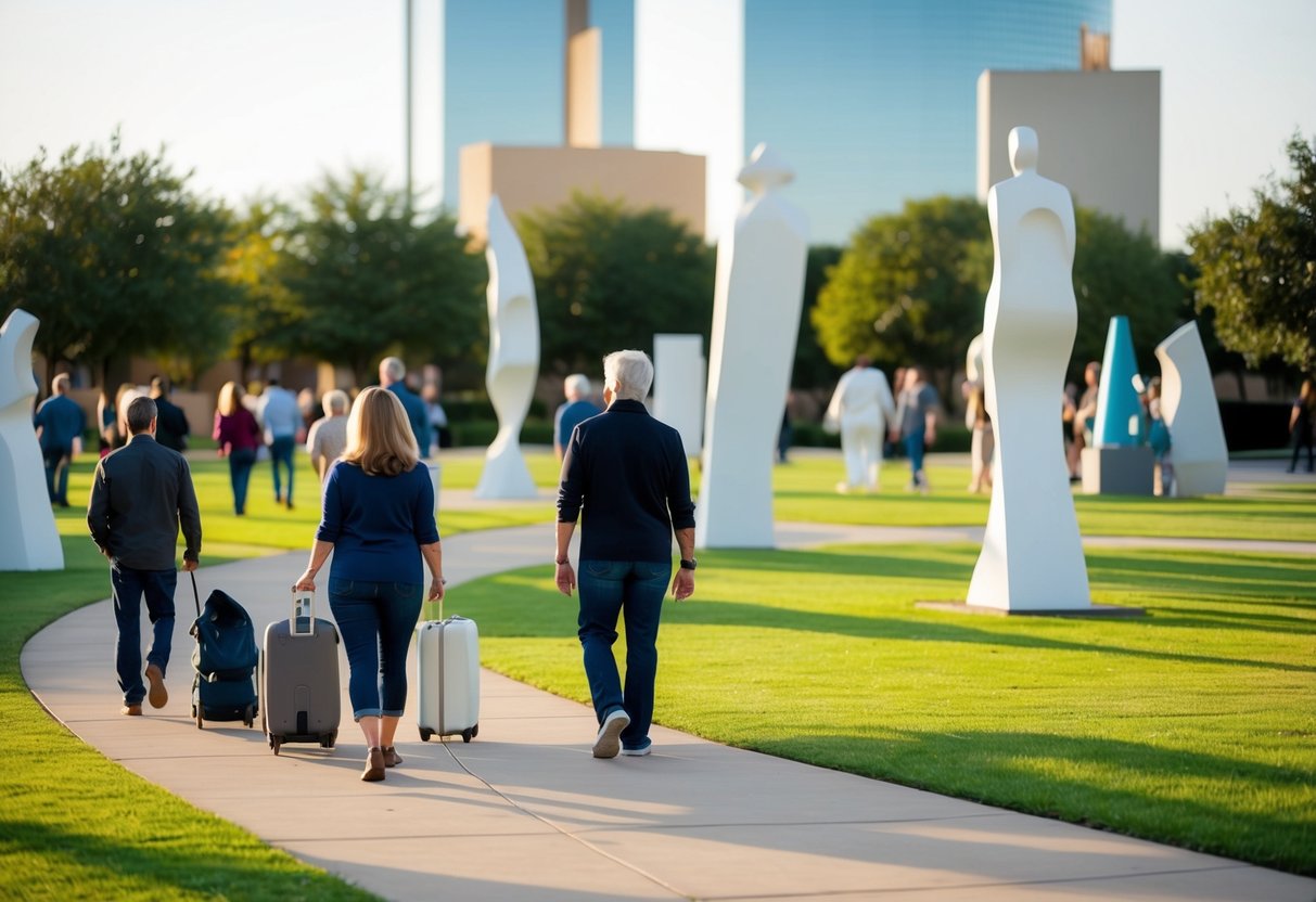 Visitors stroll through outdoor sculptures at Nasher Sculpture Center in Dallas, Texas