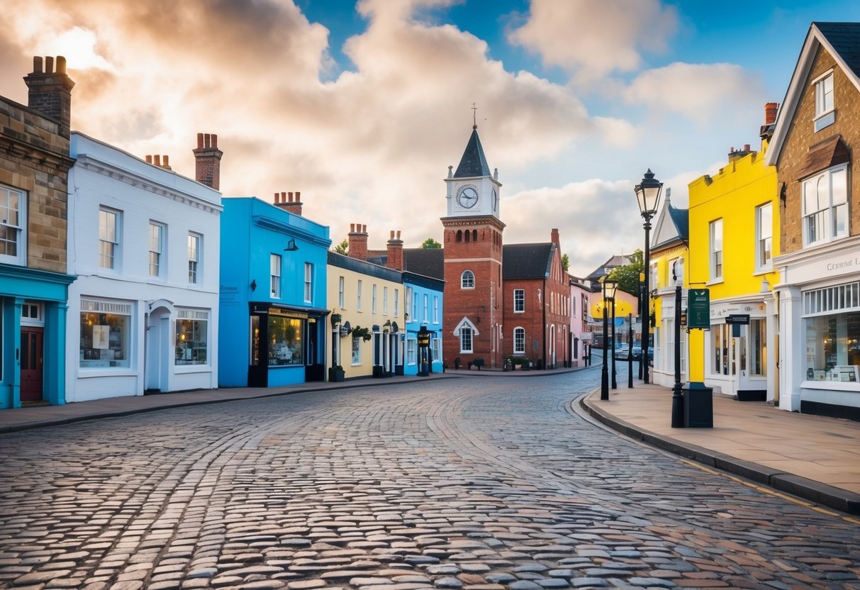 Cobblestone streets wind past colorful Victorian buildings, a clock tower, and a quaint town square in the historic Heritage District