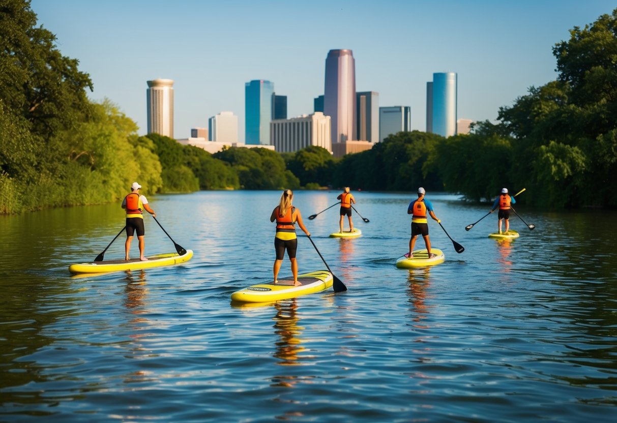 A serene scene of paddleboarders gliding across the calm waters of White Rock Lake in Dallas, Texas, surrounded by lush greenery and the city skyline in the distance