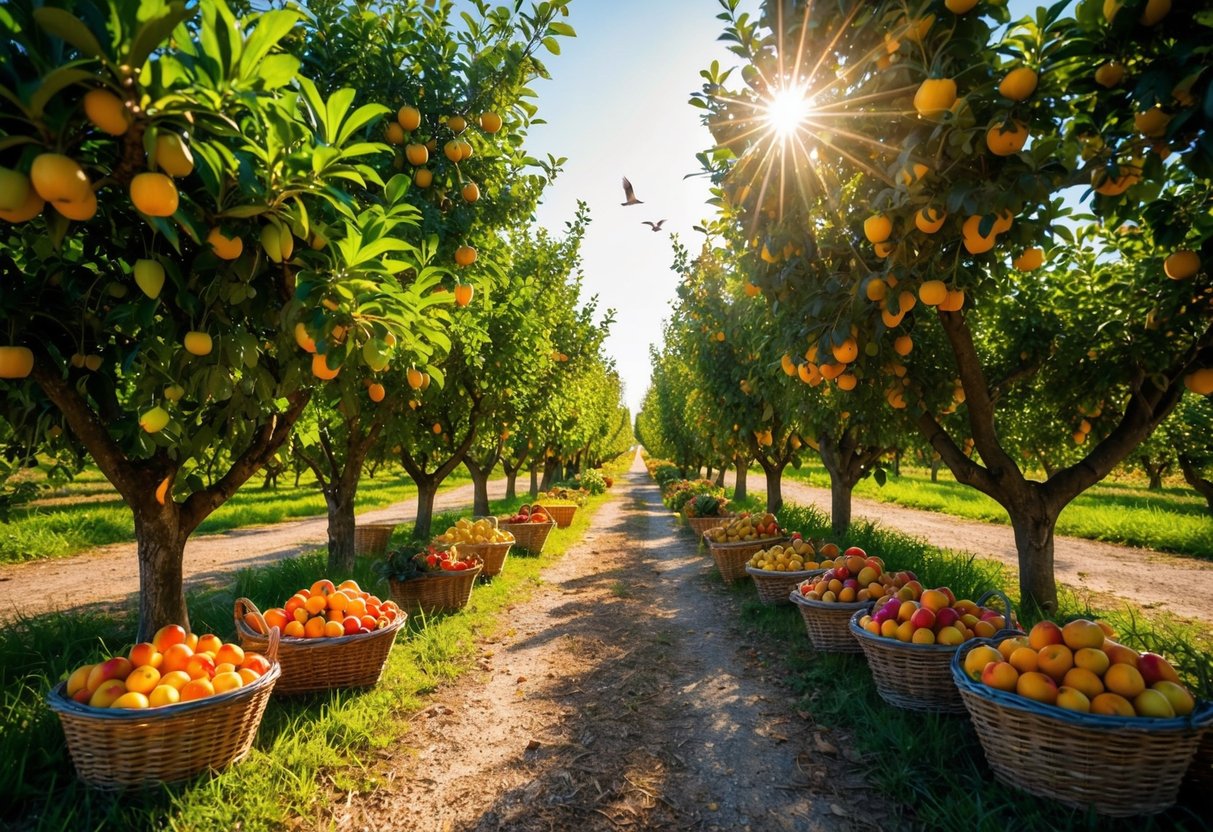 Sunlight filters through trees onto ripe fruit at Orchard Lane. Baskets overflow with colorful harvest, while birds flit among branches