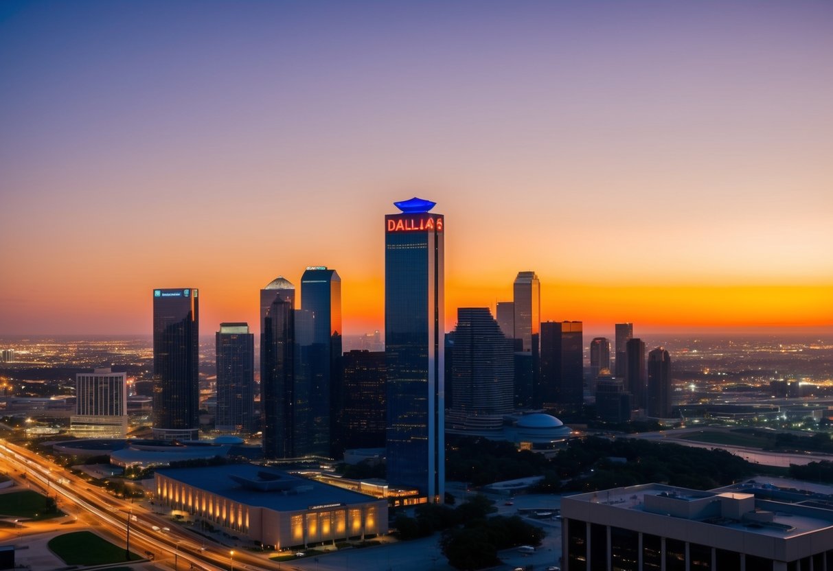 The sun sets over the Dallas skyline, casting a warm glow on the Reunion Tower GeO-Deck. The city lights twinkle below, creating a romantic atmosphere for a date
