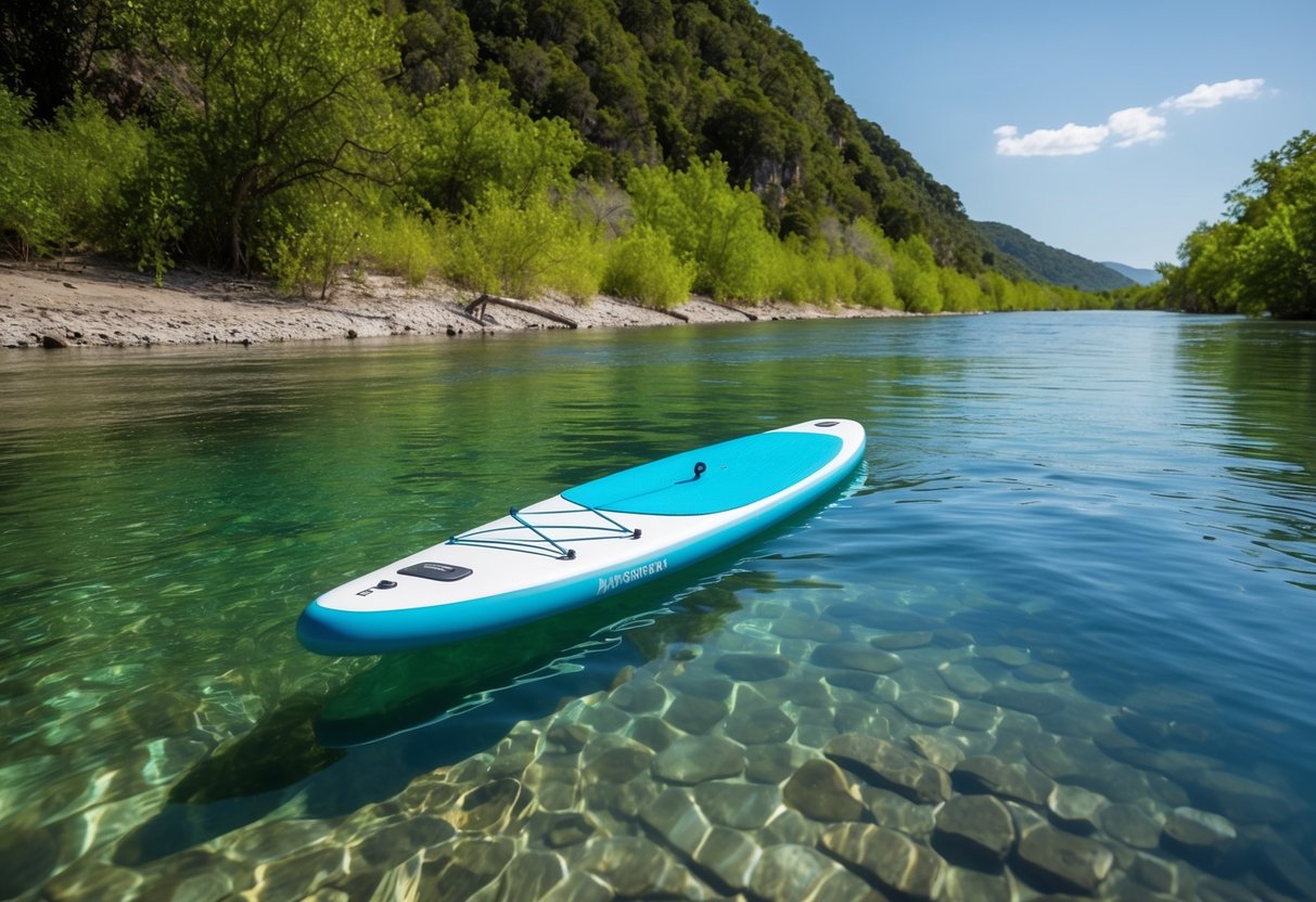 A lone paddle board glides along the clear waters of Crystal River, surrounded by lush greenery and the peaceful sounds of nature