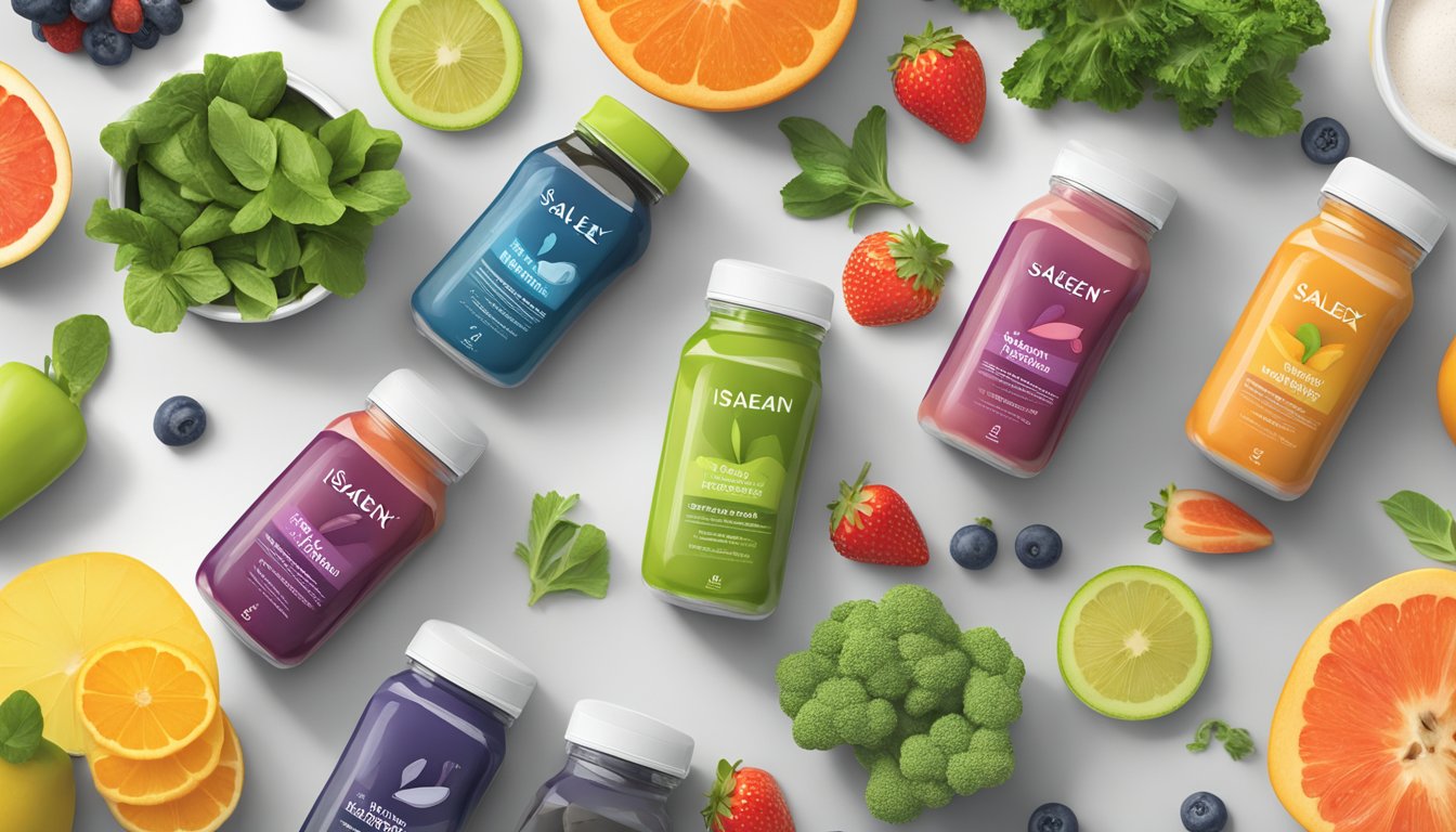 A table with 12 Isagenix IsaLean meal replacement shakes, surrounded by various fruits and vegetables, with a "healthy" label on each bottle