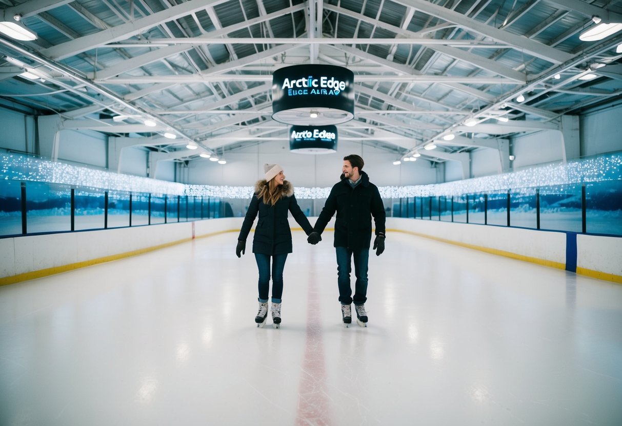 A couple glides across the ice at the Arctic Edge Ice Arena, surrounded by the glistening white landscape of the Arctic