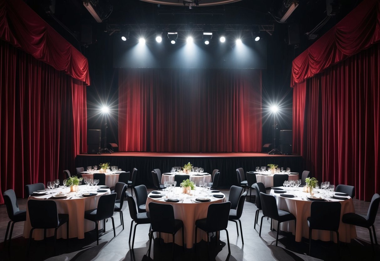 A dimly lit stage with tables set for dinner, red velvet curtains, and a spotlight ready for a performance at Starline Venue