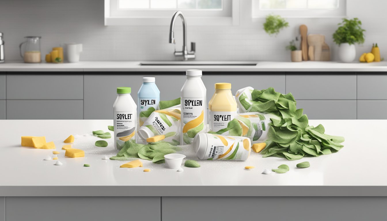 A stack of Soylent meal replacement shake bottles toppled over, spilling their contents onto a clean, white kitchen countertop