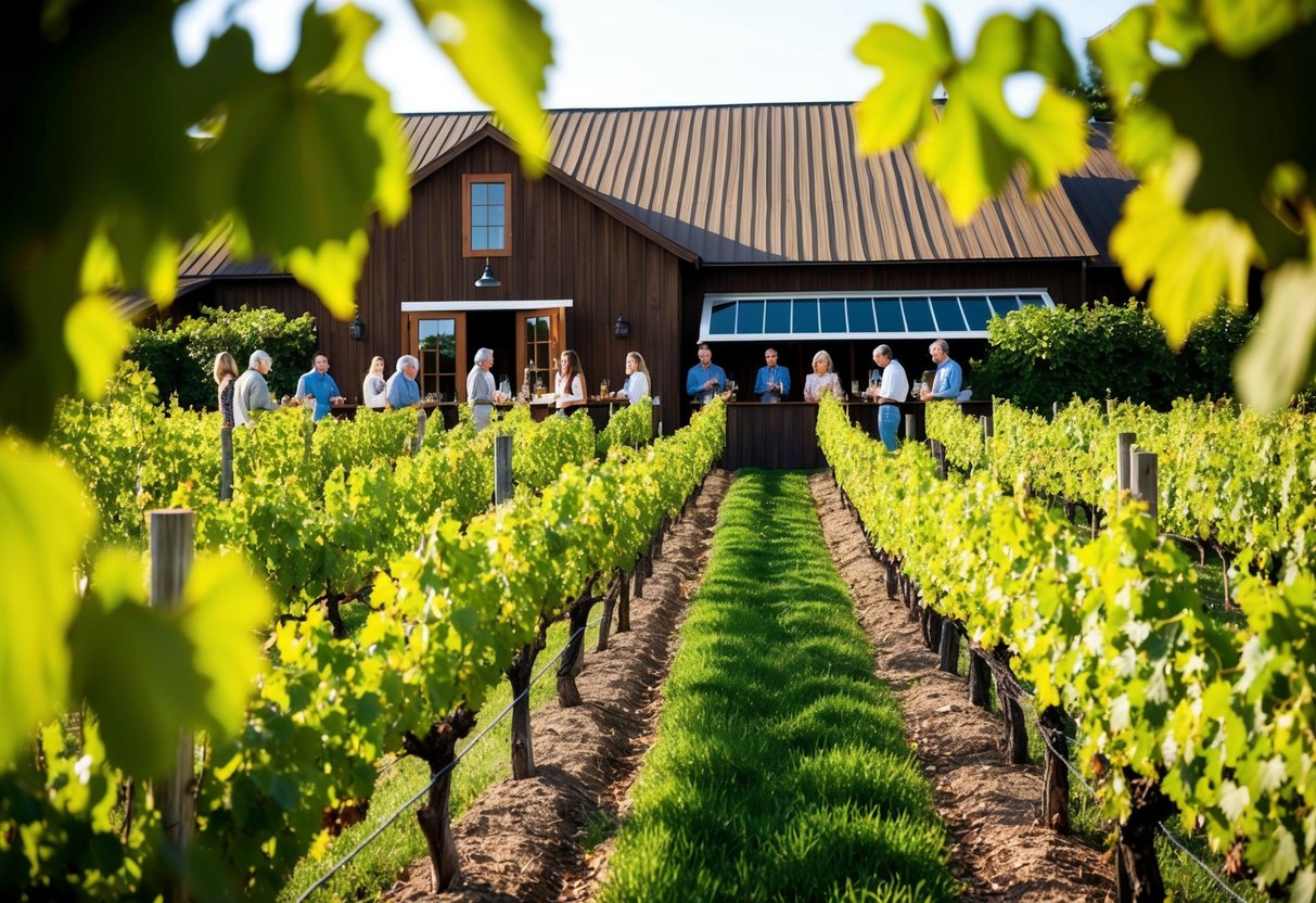 A lush vineyard with rows of grapevines, a rustic tasting room, and people enjoying glasses of wine at Clauren Ridge Vineyard