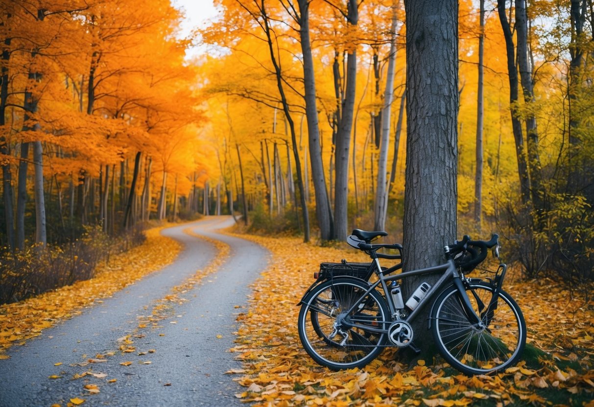 A winding trail cuts through a forest of vibrant orange and yellow trees, with a couple of bicycles parked against a tree, surrounded by fallen leaves