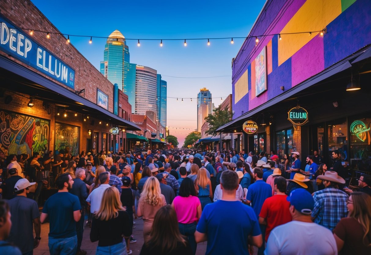Vibrant Deep Ellum street scene with live music venues, colorful murals, and energetic crowds in Dallas, Texas
