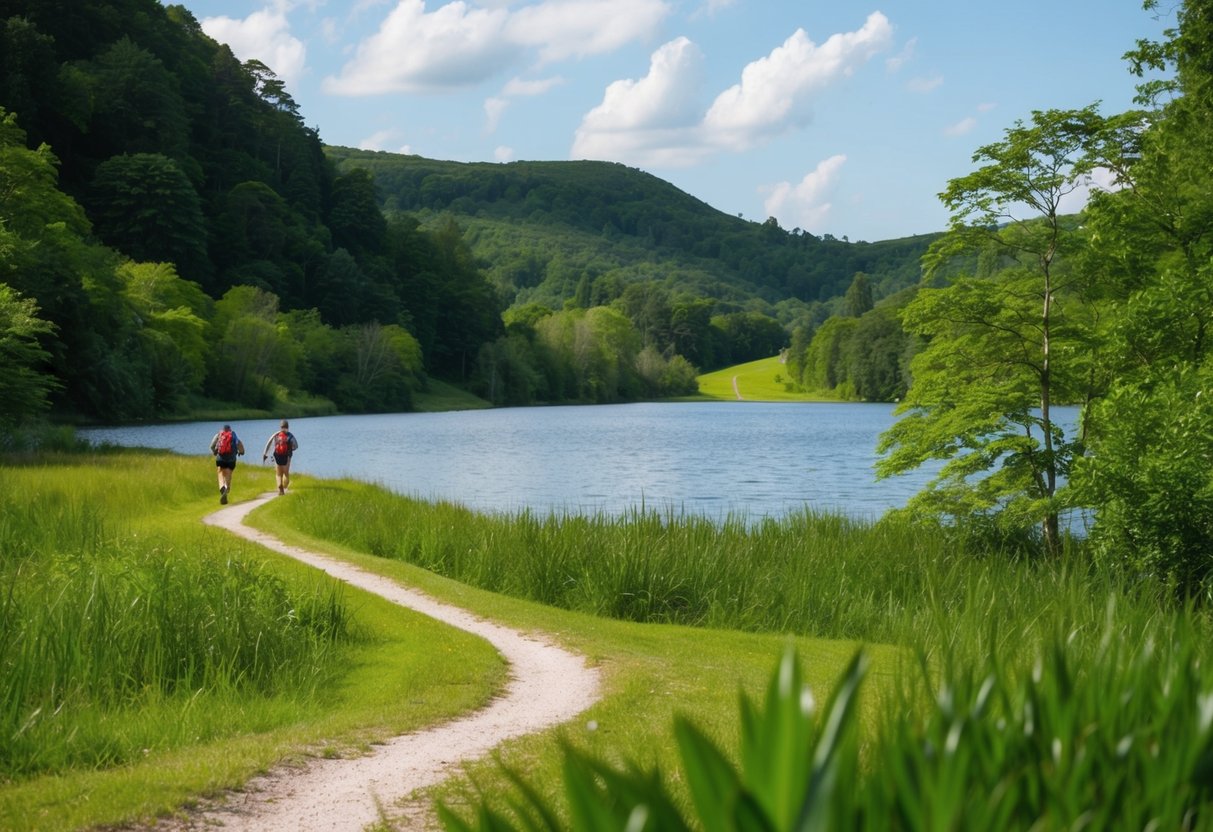 A serene lake surrounded by lush greenery, with a winding trail leading into the distance. A couple of hikers can be seen in the distance, enjoying the peaceful scenery
