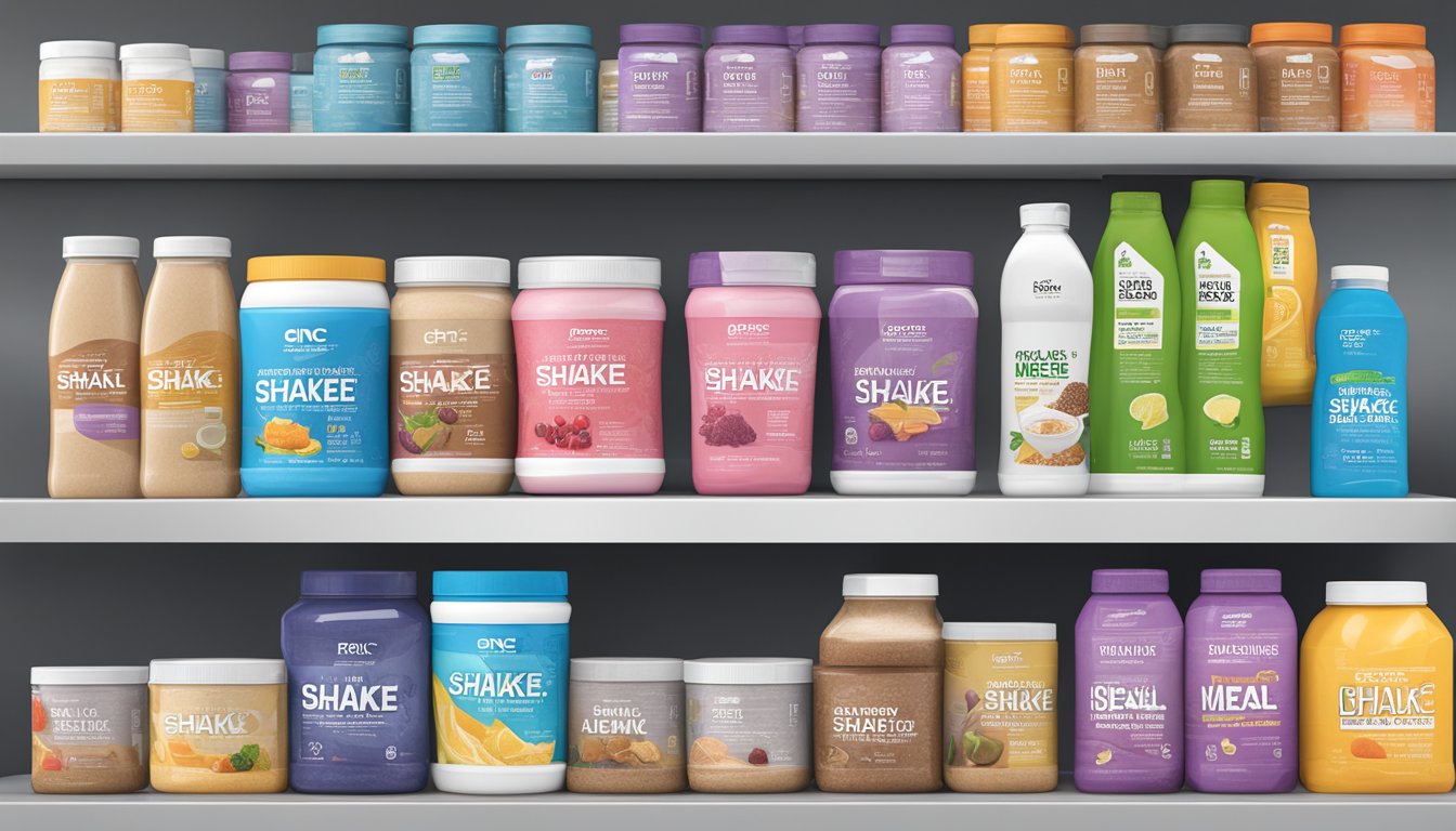 A shelf full of GNC Lean Shake 12 "Healthy" Meal Replacement Shakes with a warning sign