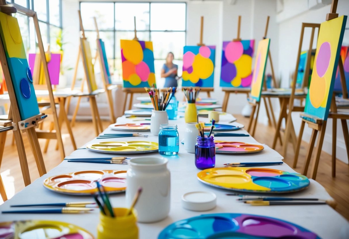 Brightly lit art studio with colorful paint palettes, easels, and canvases. Tables lined with brushes, pencils, and jars of water. Laughter and creative chatter fill the air