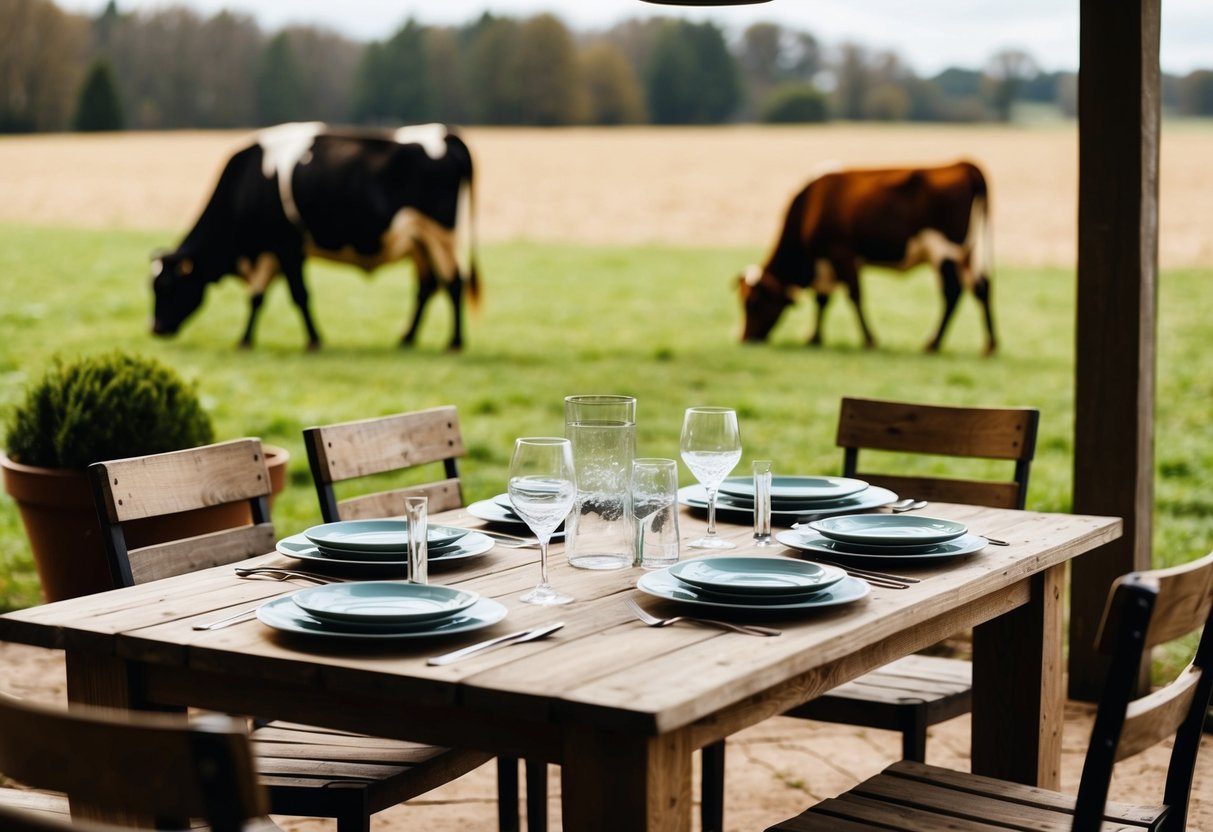 A cozy outdoor patio with a rustic wooden table set with plates and glasses. A cow and calf graze in a nearby field