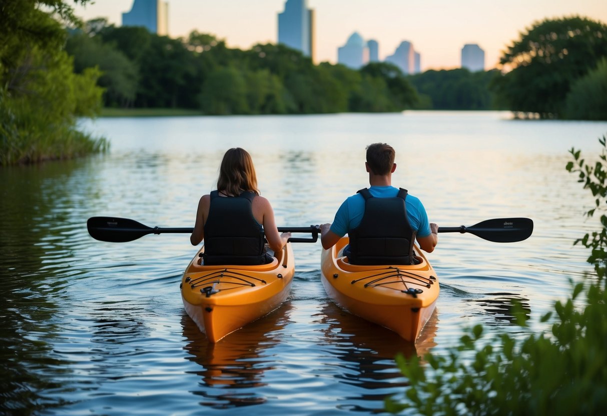 A couple kayaking on a tranquil lake surrounded by lush greenery and distant mountains in Dallas, Texas