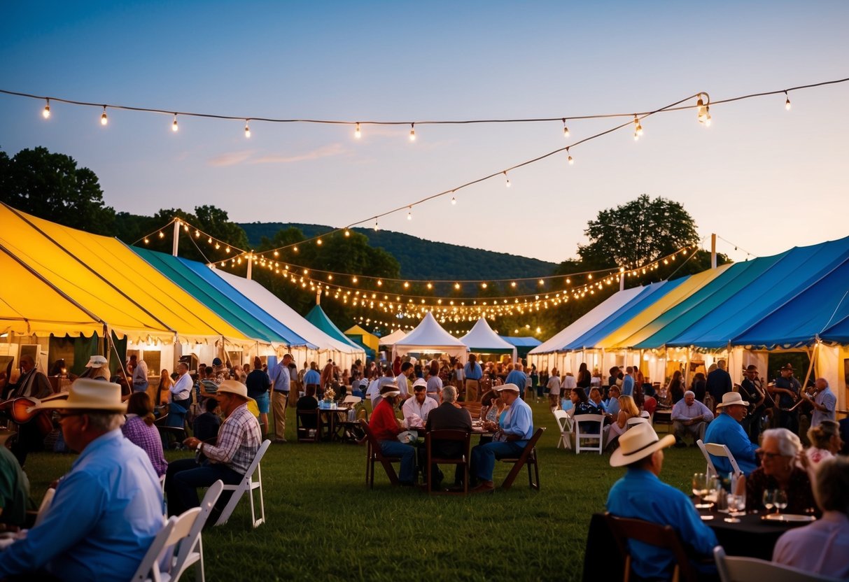 The Guthrie Jazz Banjo Festival at evening, with colorful tents, live music, and people enjoying the festivities