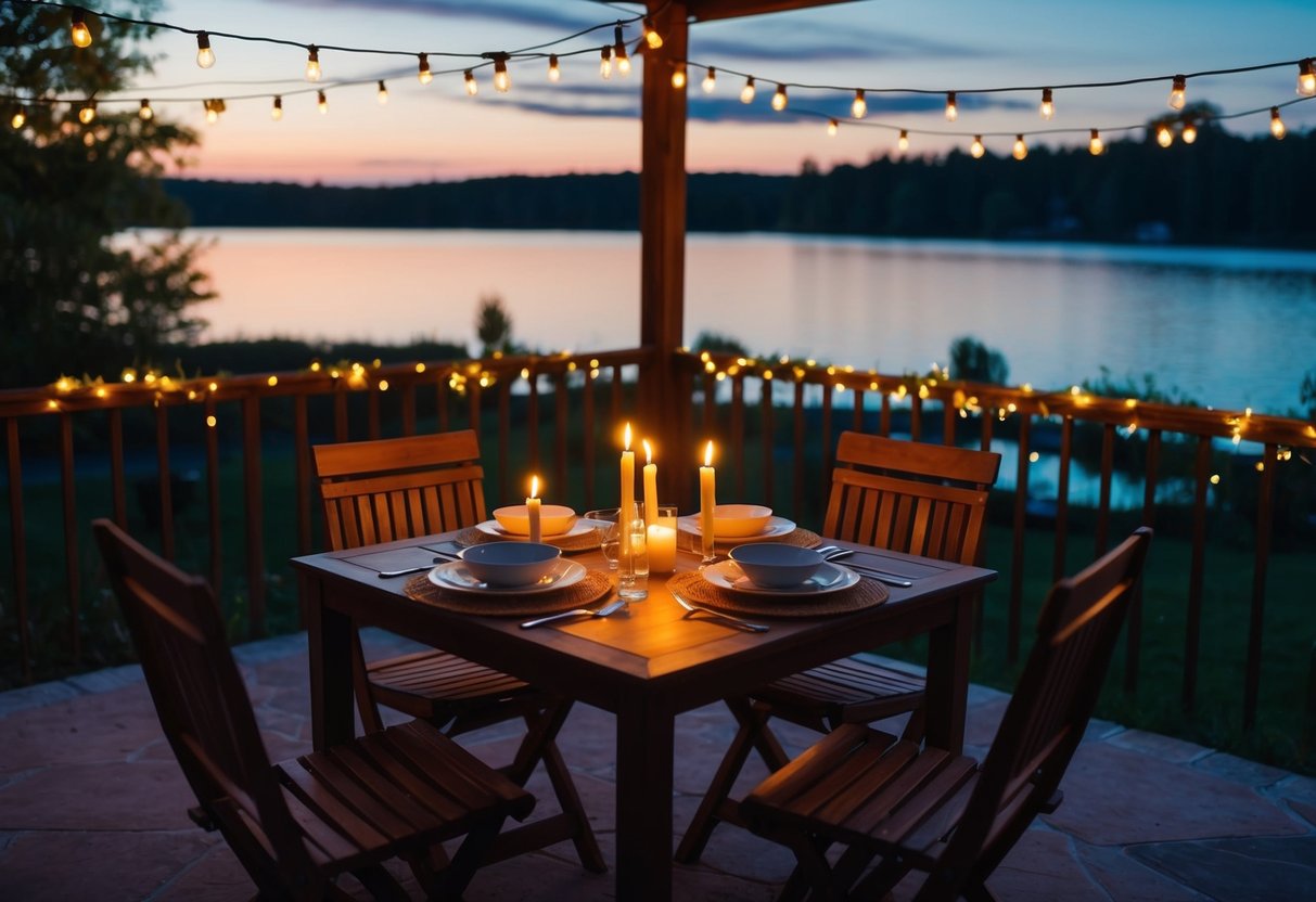 A cozy, candlelit dinner for two on a patio overlooking a serene lake at sunset, with string lights twinkling in the background