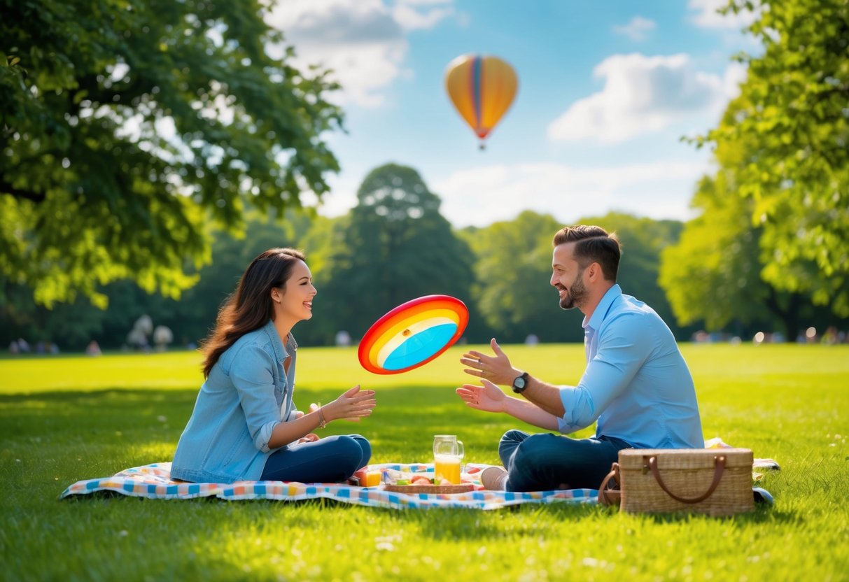 A couple picnicking in a lush green park, playing a game of frisbee, with a hot air balloon floating in the sky above
