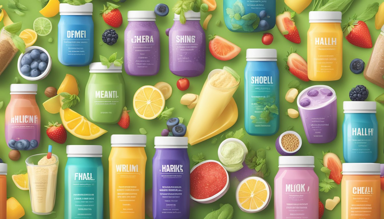 A variety of colorful, nutrient-rich ingredients surround a selection of meal replacement shakes, with a clear emphasis on health and wellness