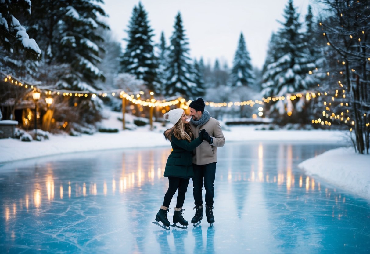 A cozy winter scene with a couple ice skating on a frozen pond surrounded by snow-covered trees and twinkling lights