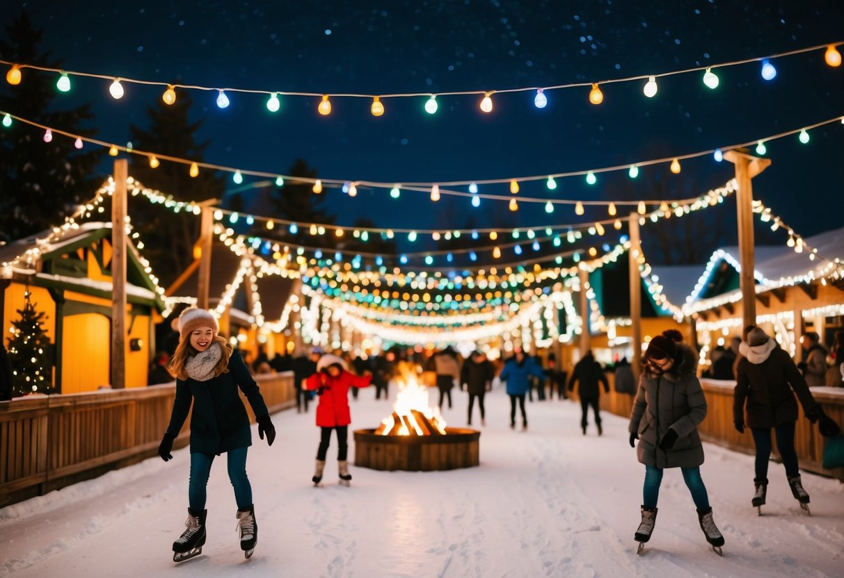 A winter festival with colorful lights, cozy bonfires, and people ice skating under the twinkling stars