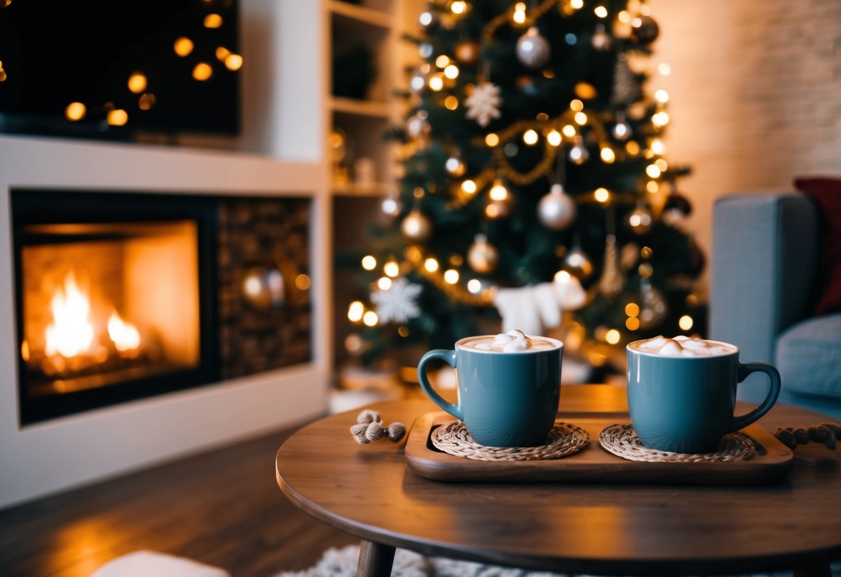 A cozy living room with a lit fireplace, a Christmas tree adorned with lights and ornaments, and two mugs of hot cocoa on a table