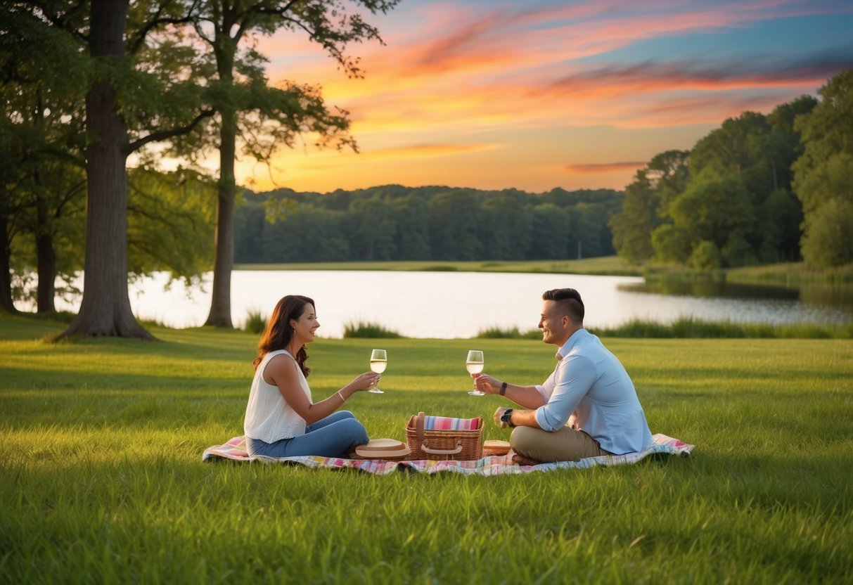 A couple picnicking in a grassy field, surrounded by trees and a serene lake. A colorful sunset paints the sky, casting a warm glow over the scene