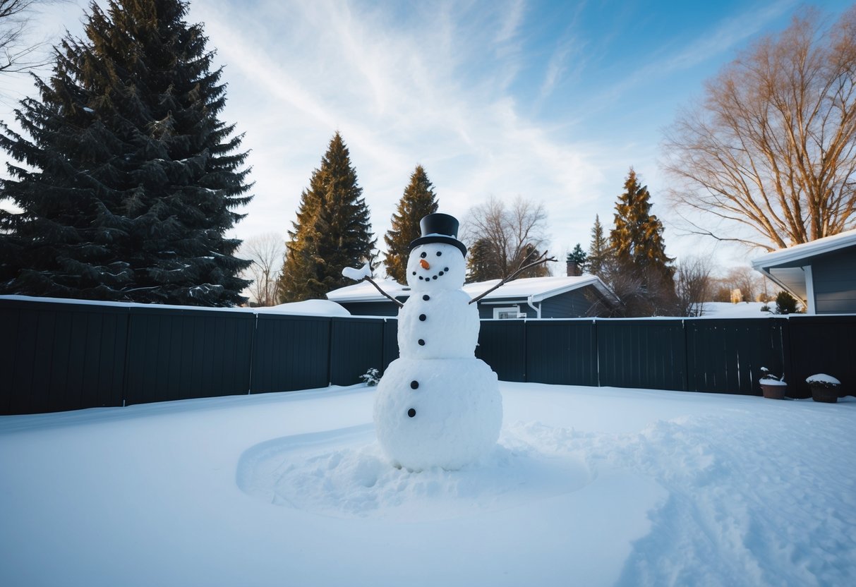 A backyard covered in snow with a snowman being built, surrounded by trees and a clear winter sky
