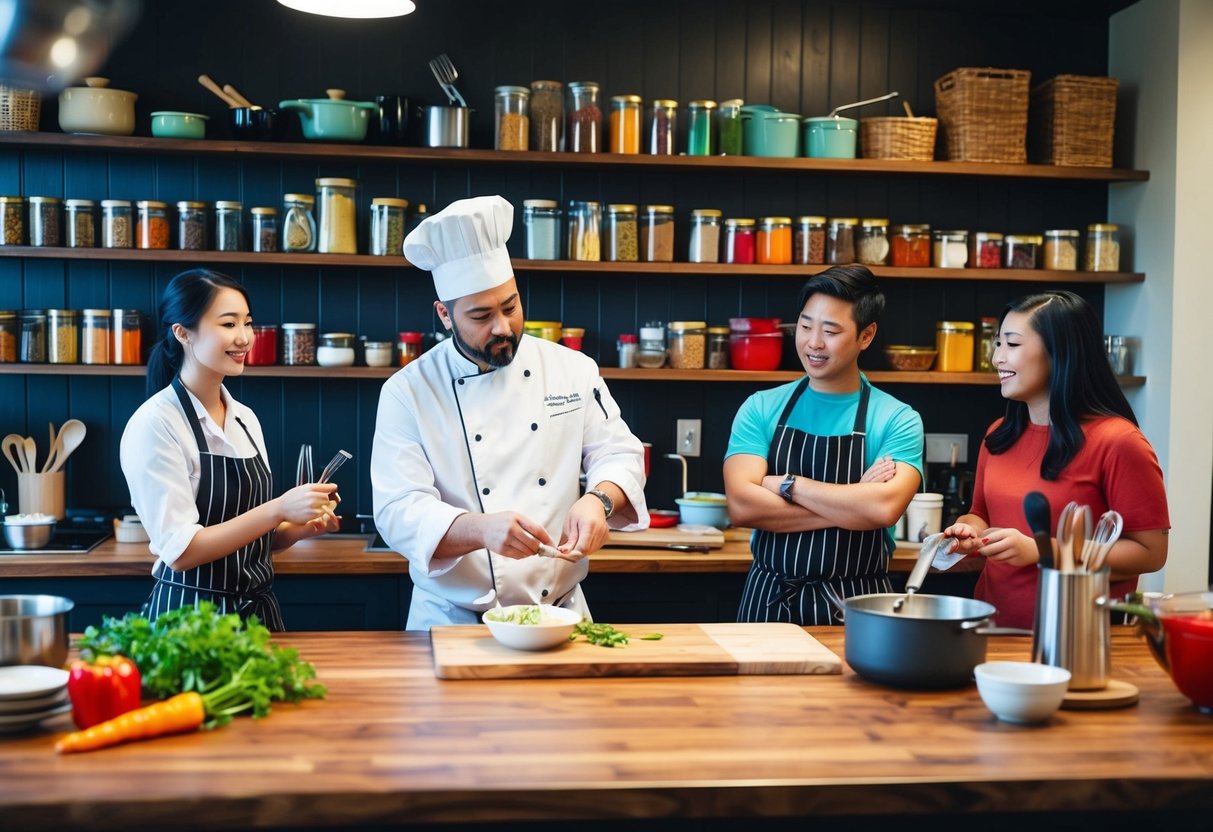 A cozy kitchen with a large wooden table, surrounded by shelves of colorful spices and cooking utensils. A chef stands at the front, demonstrating a recipe to a small group of eager students