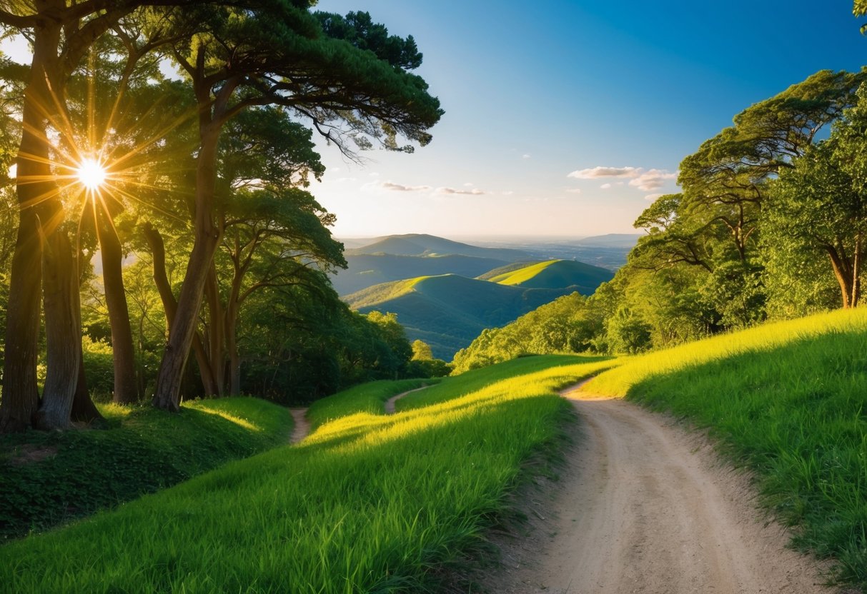 A winding trail through a lush forest with sunlight filtering through the trees, leading to a breathtaking vista of rolling hills and a clear blue sky