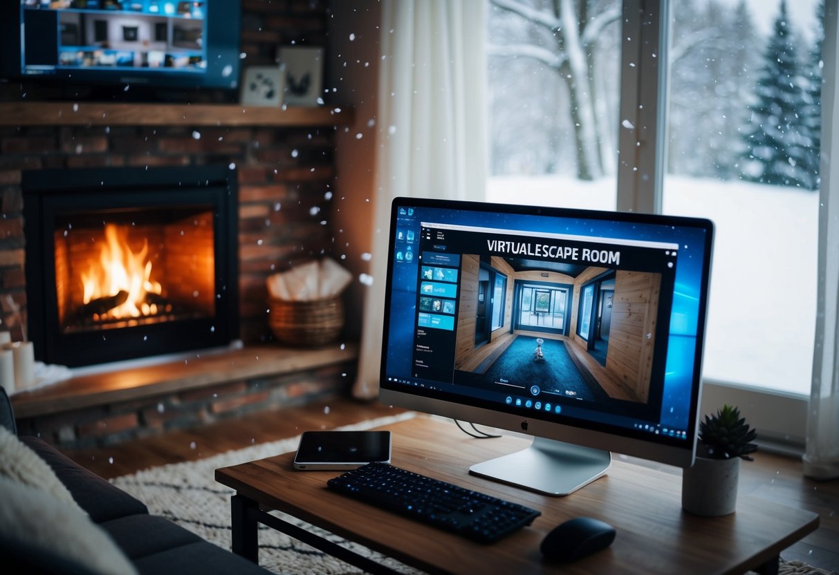 A cozy living room with a crackling fire, snow falling outside, and a computer screen displaying a virtual escape room game