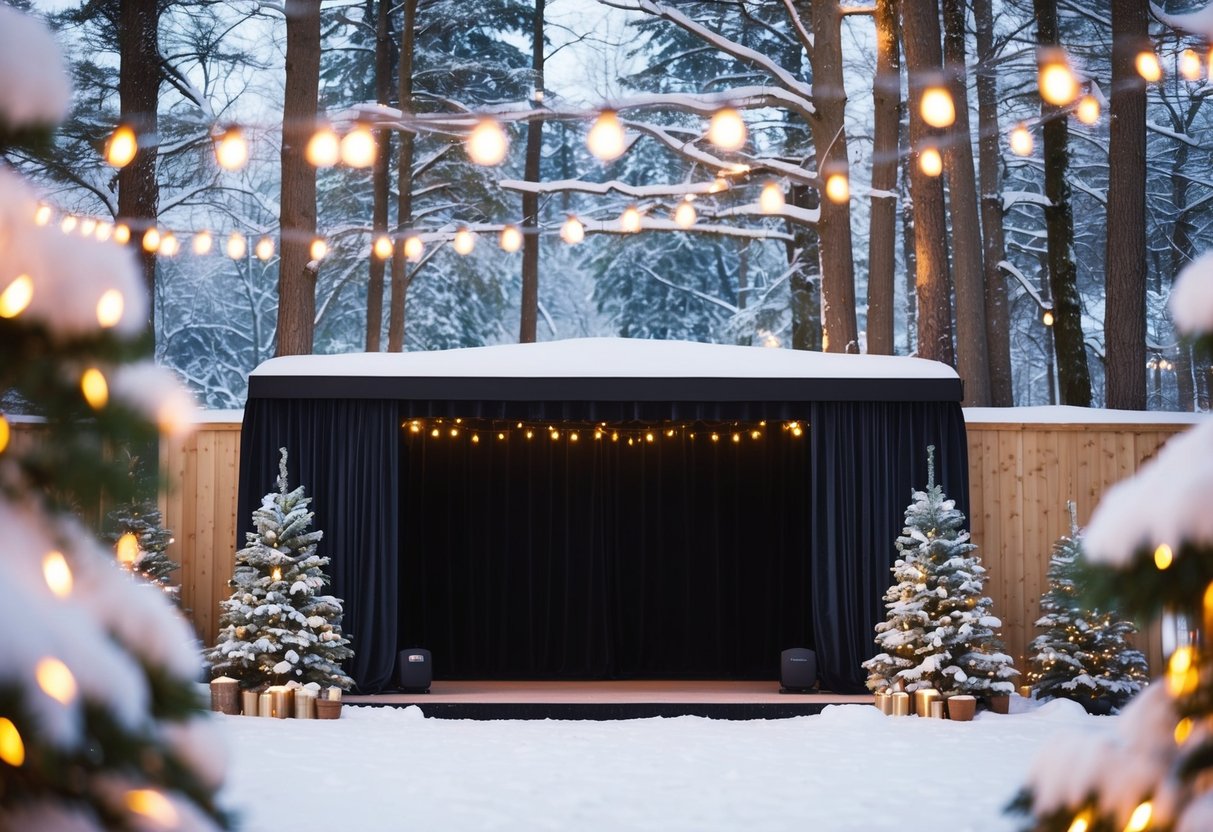 A cozy winter scene with a stage, snow-covered trees, and twinkling lights