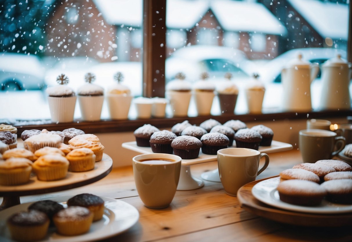 A cozy bakery scene with a display of winter treats and warm drinks. Snowflakes outside the window