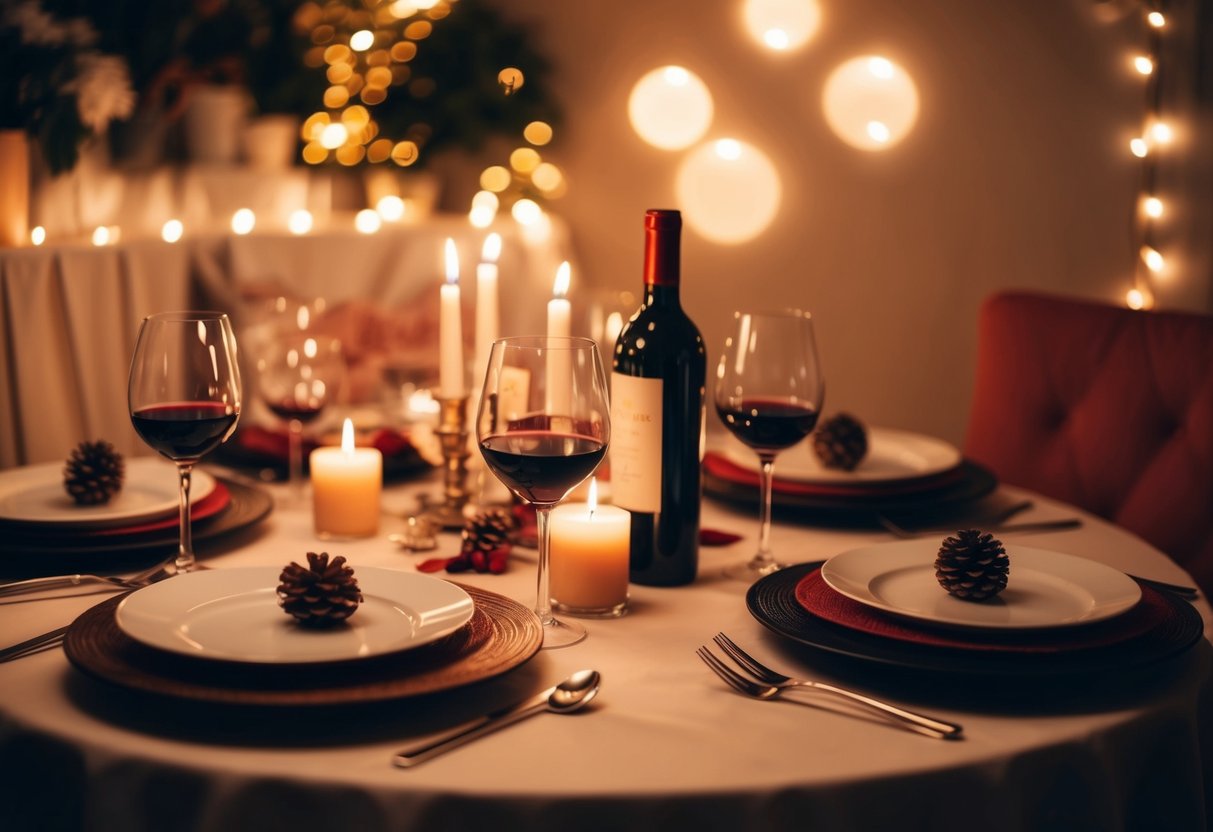 A cozy table set with candles, wine, and themed decor for a dinner date
