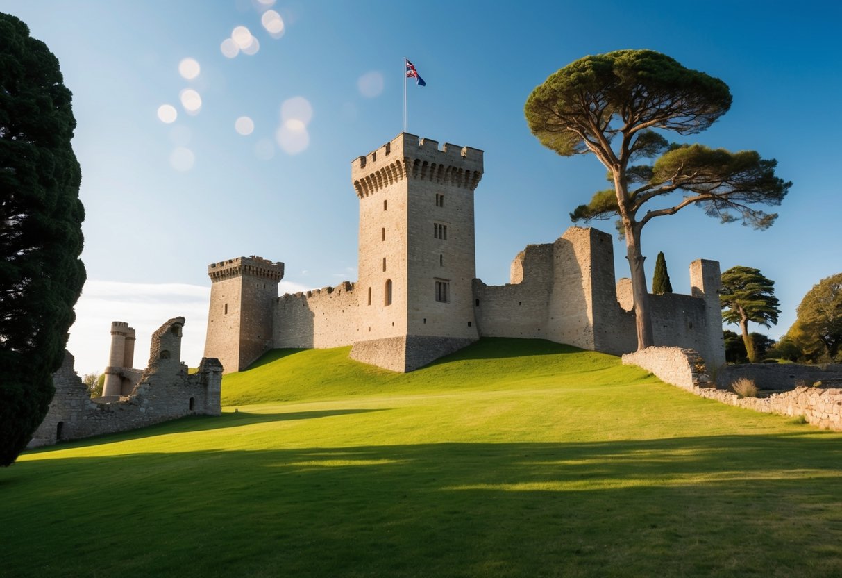 A stone castle on a grassy hill, surrounded by ancient ruins and towering trees, under a clear blue sky