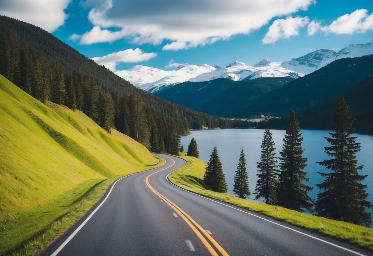 A winding road cuts through lush green hills, leading to a serene lake surrounded by tall pine trees and snow-capped mountains in the distance