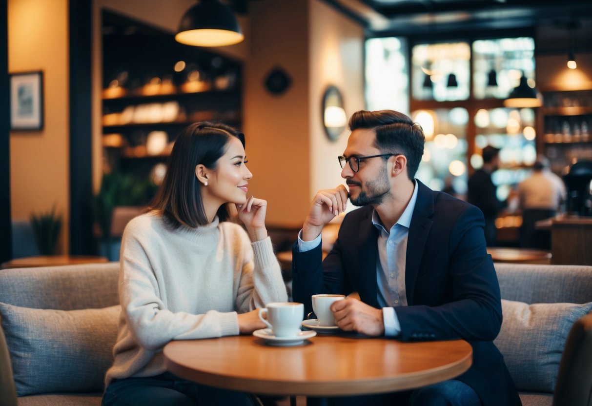 A cozy coffee shop with two people engrossed in deep conversation, surrounded by warm lighting and comfortable seating
