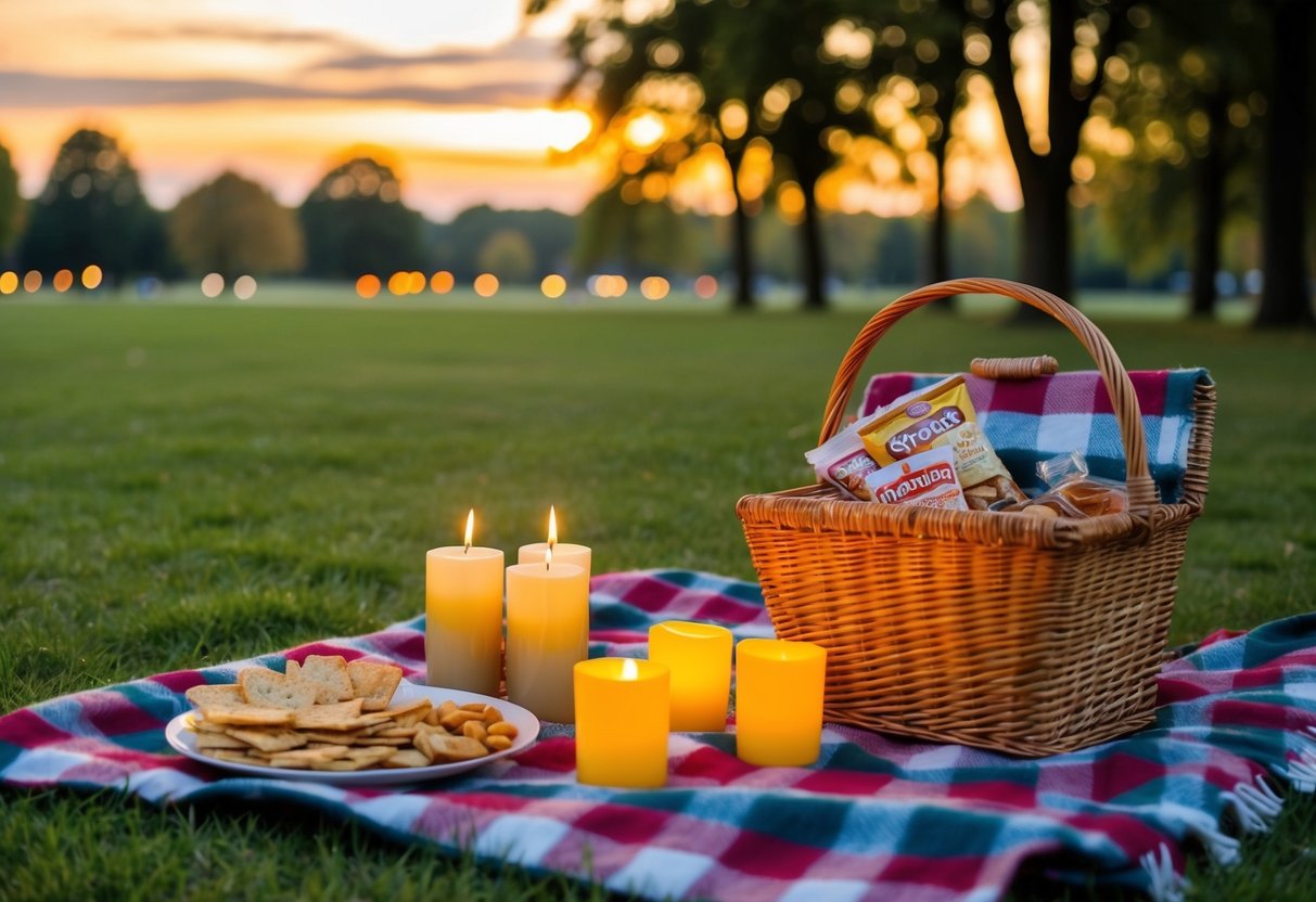 A cozy picnic in the park at sunset, with a checkered blanket, candles, and a basket of homemade snacks and drinks