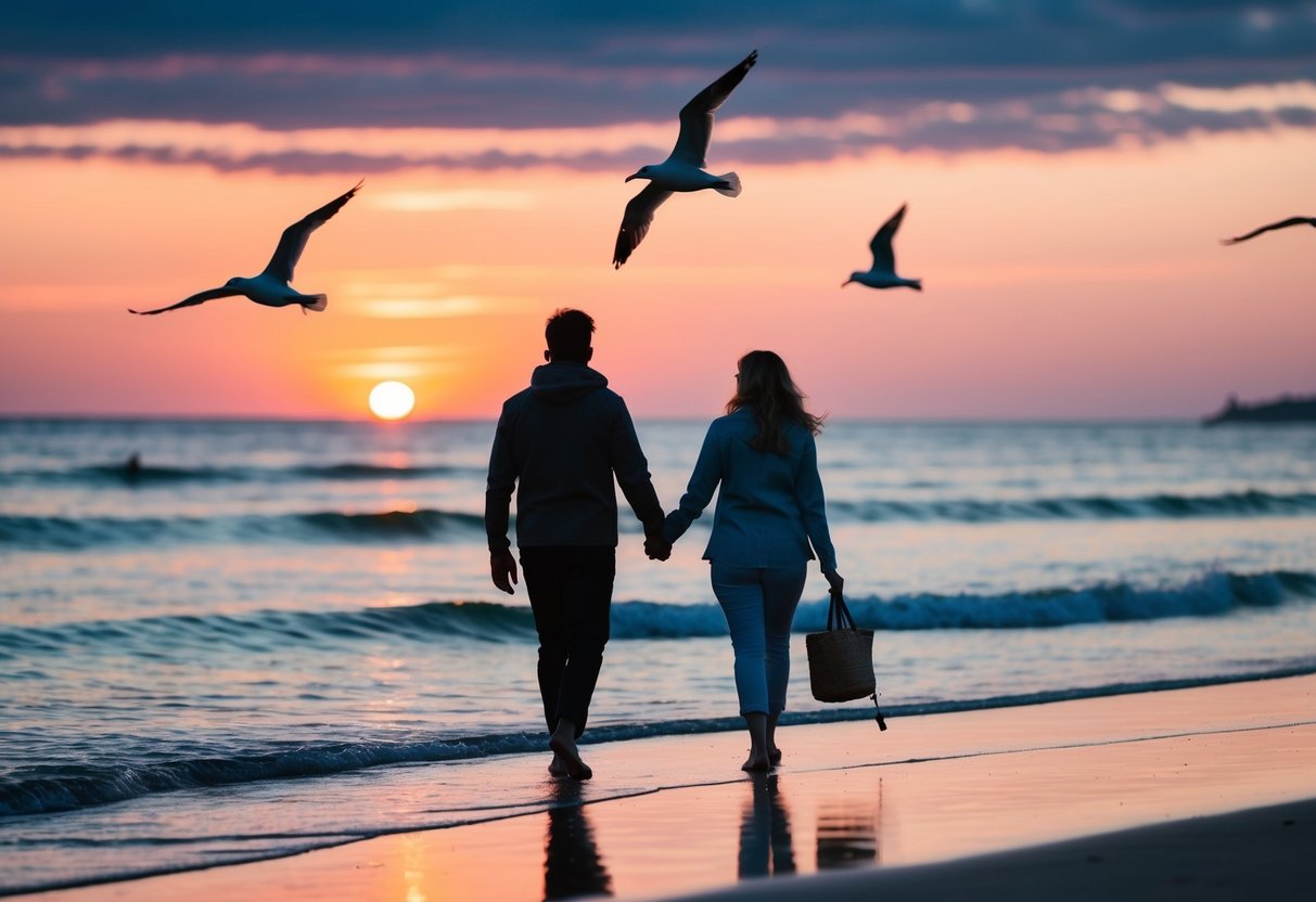 A couple walks along the shoreline at sunset, with the orange and pink hues reflecting off the calm waves. Seagulls fly overhead as the sun dips below the horizon