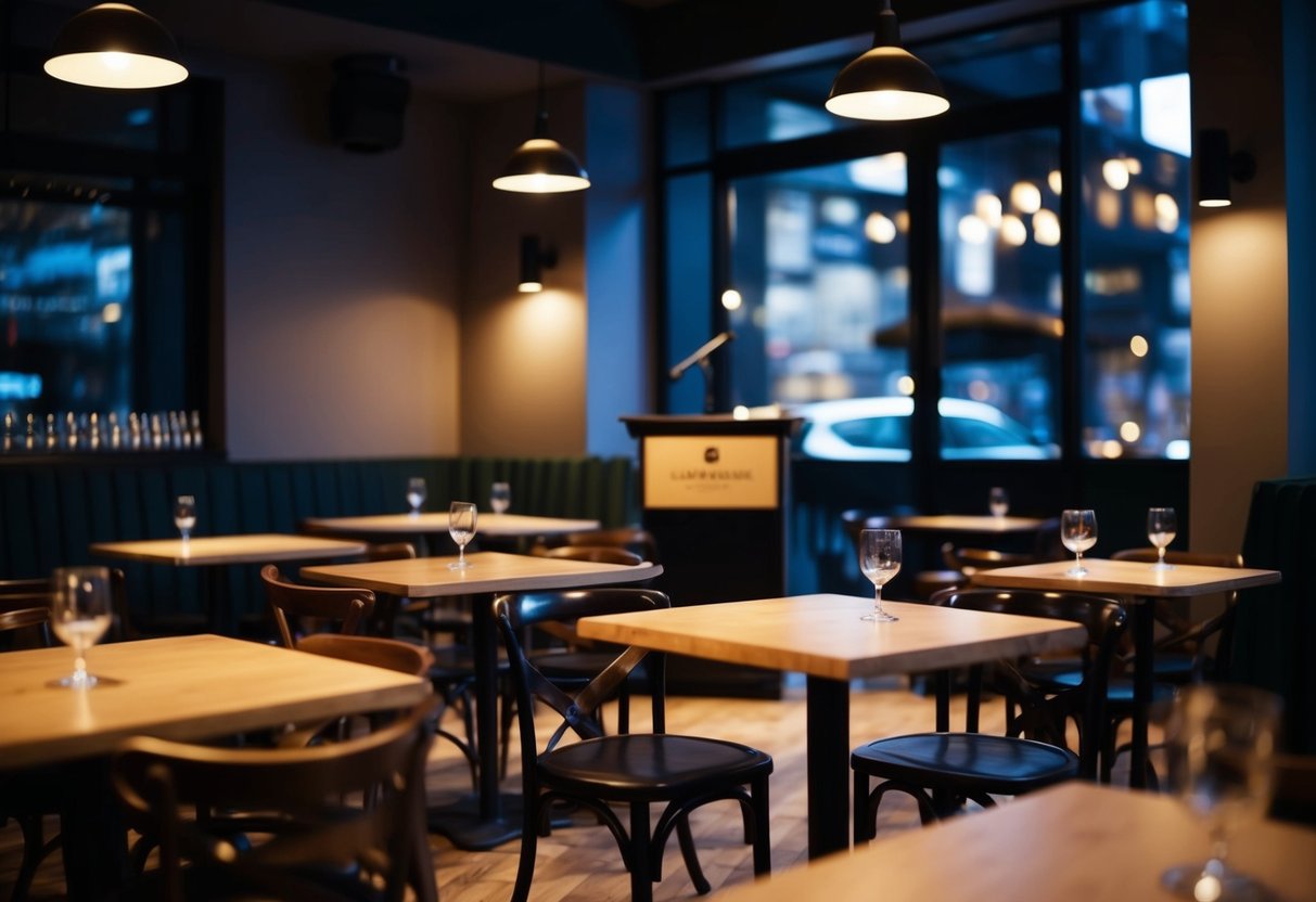 A cozy cafe with dim lighting and scattered tables. A stage is set with a mic and a small podium. The room is filled with the sound of quiet chatter and the occasional clinking of glasses