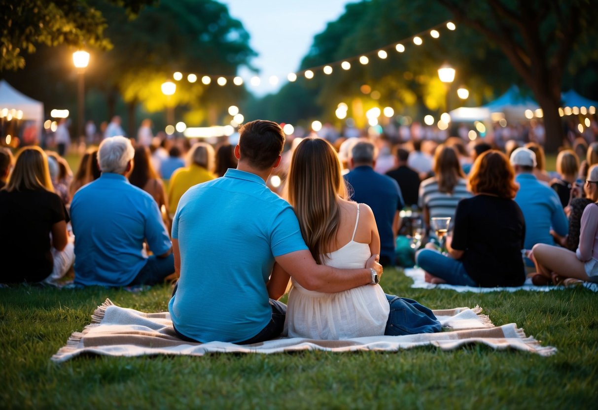 A couple sits on a blanket in a park, surrounded by other people, listening to a free concert under the stars