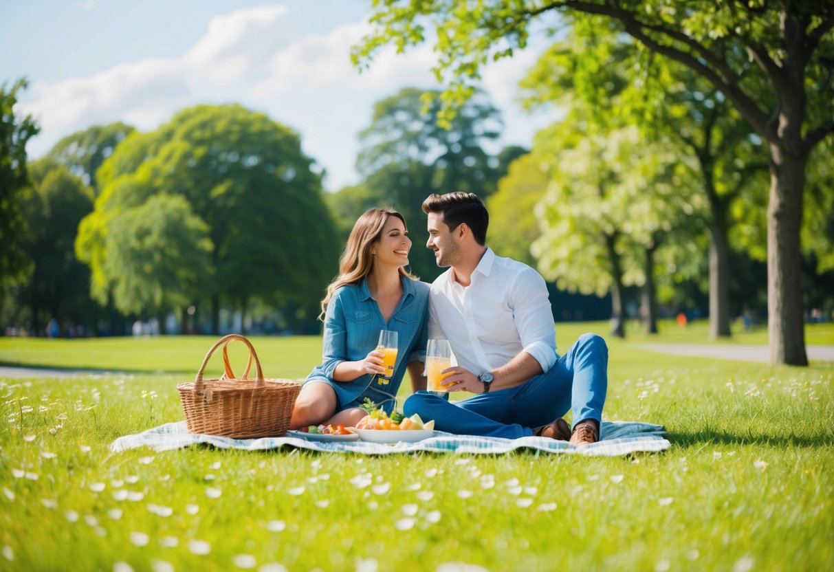 A couple picnicking in a sunny, grassy park, surrounded by trees and flowers, with a blanket spread out and a basket of food and drinks