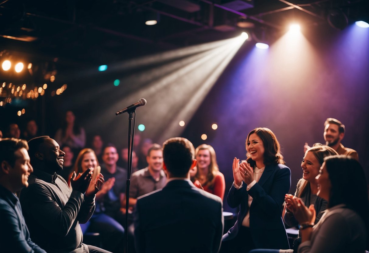 A dimly lit comedy club stage with a microphone, spotlight, and a small crowd of people laughing and clapping