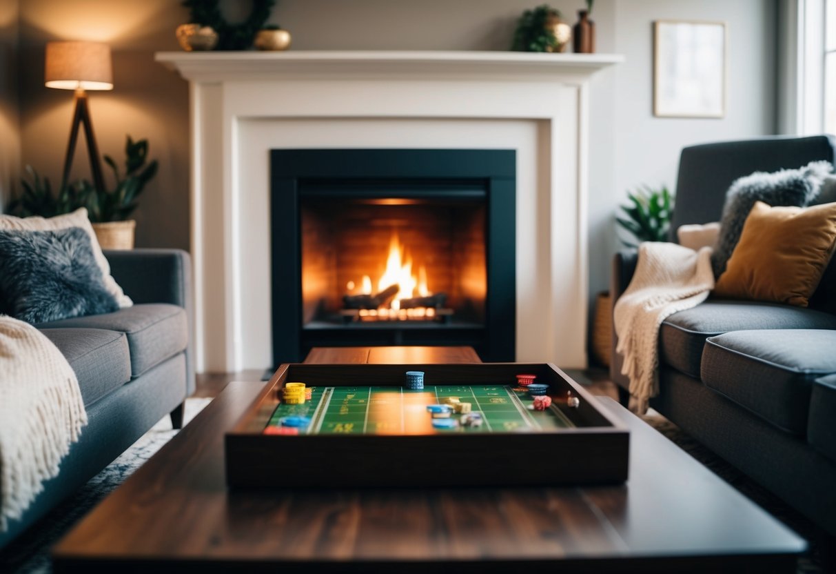 A cozy living room with a crackling fireplace, soft blankets, and a board game set up on the coffee table