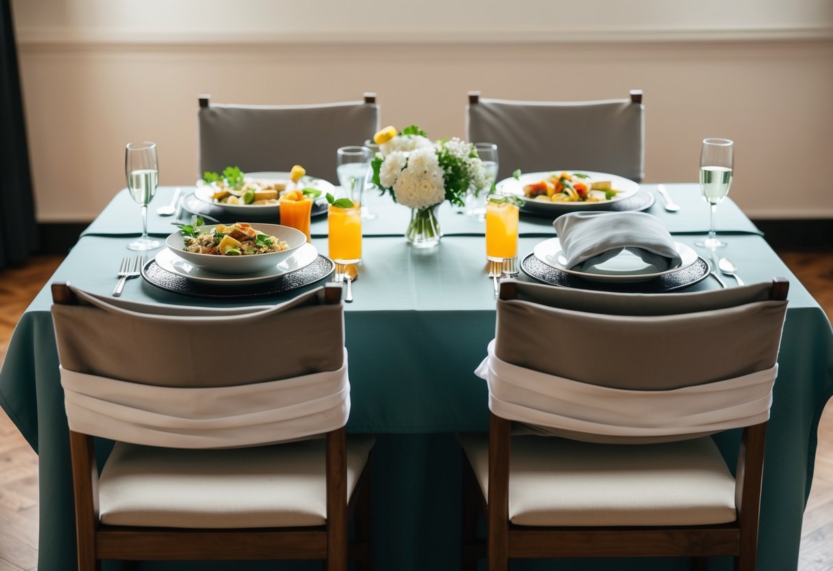 A table set with various dishes and drinks covered with cloths, two chairs facing each other, and a blindfold placed on each chair