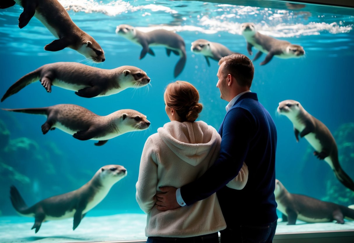 A couple watches as a group of playful sea otters swim and frolic in their large tank at the aquarium