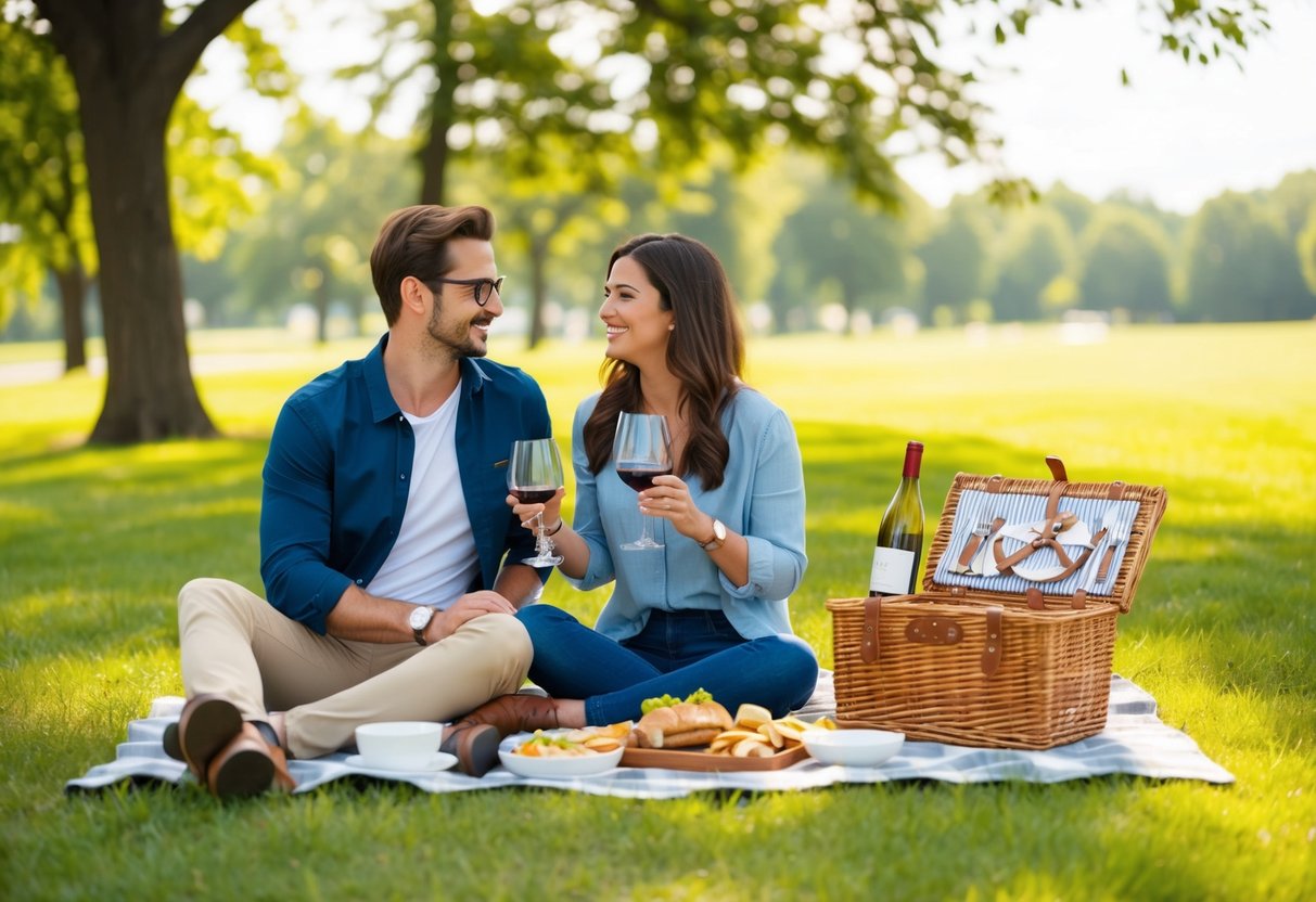 A couple enjoying a picnic in a serene park, with a blanket spread out on the grass, a wicker basket filled with food, and a bottle of wine on a warm sunny day